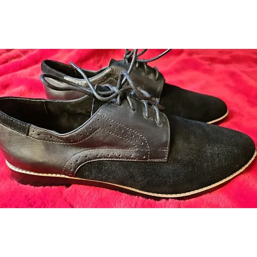 Ellos Lace-Up Oxford Flats Black Suede Leather Brogue Almond Toe Shoes Sz 11 NEW